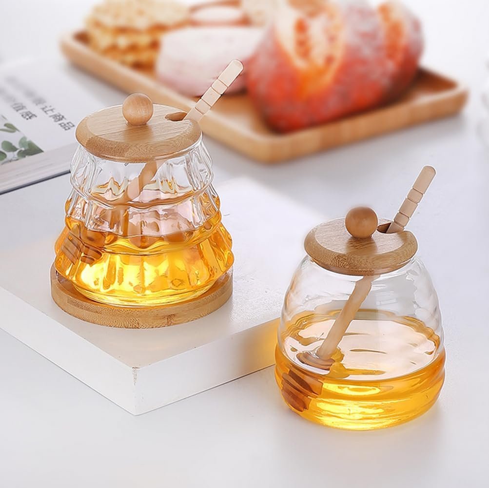 Ribbed Glass Beehive Honey Jar with Bamboo Base Set - Image 3