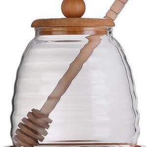 Ribbed Glass Beehive Honey Jar with Bamboo Base Set