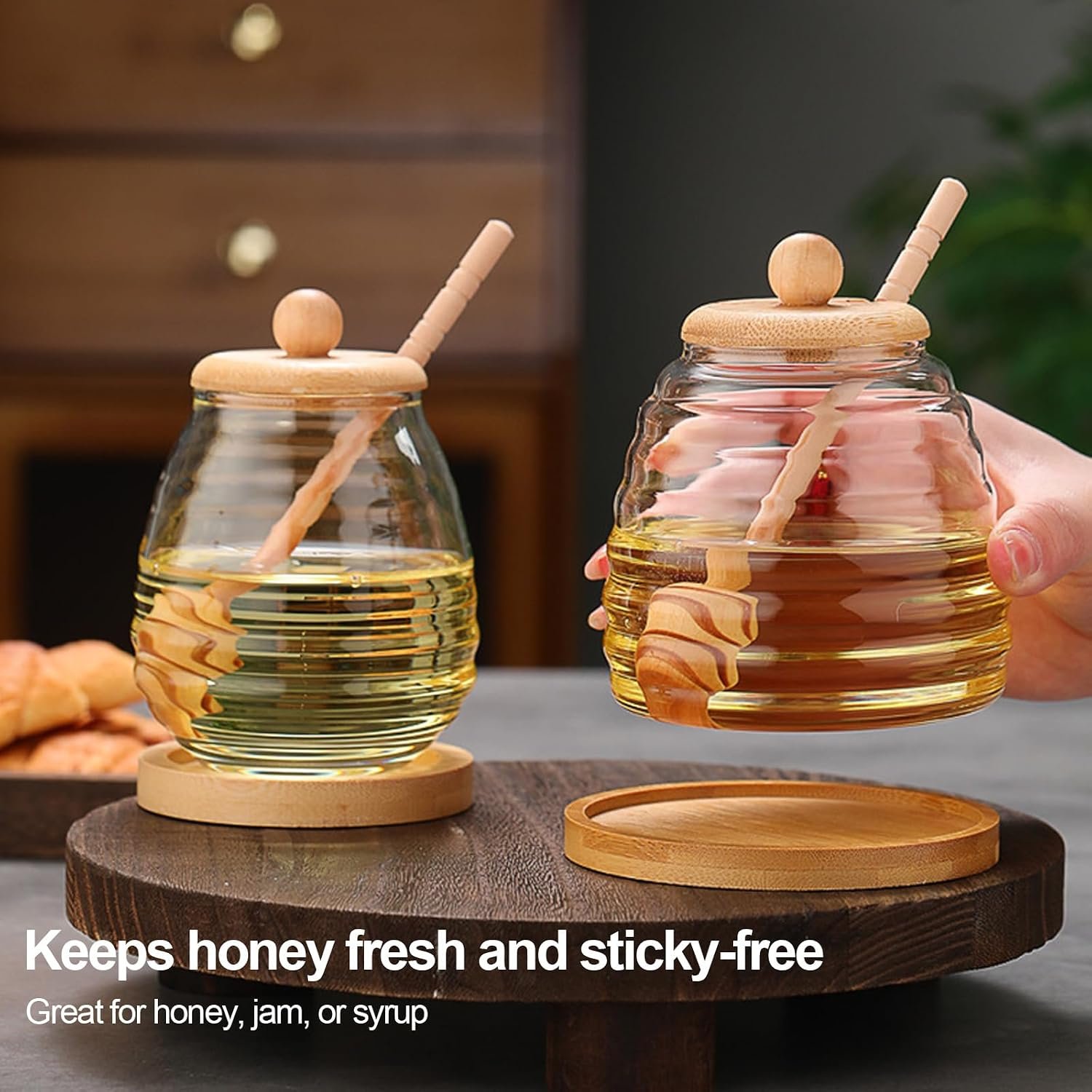 Ribbed Glass Beehive Honey Jar with Bamboo Base Set - Image 4